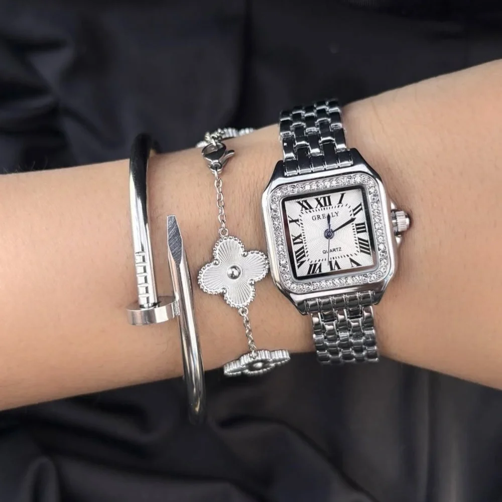 brand new Women Silver tone Stainless steel Rhinestone Bezel Square Watch